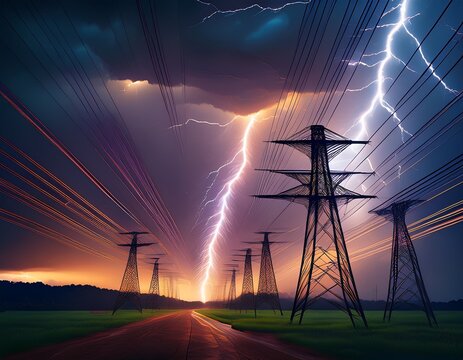 ai generator images of multiple lightning strikes on high voltage power poles at night or during thunderstorms can affect power quality such as causing transient voltage drops or surges