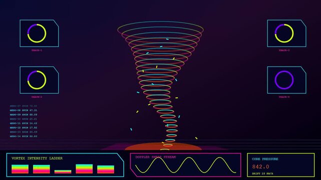 Digital catastrophe mapping visualization features a swirling vortex of energy particles moving in a dark interface with neon circular metrics and glowing colorful data graphs