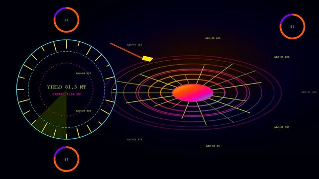 A digital catastrophe mapping interface displays shifting seismic data with glowing neon circles and concentric ring patterns animating across a dark void representing nuclear blast zones