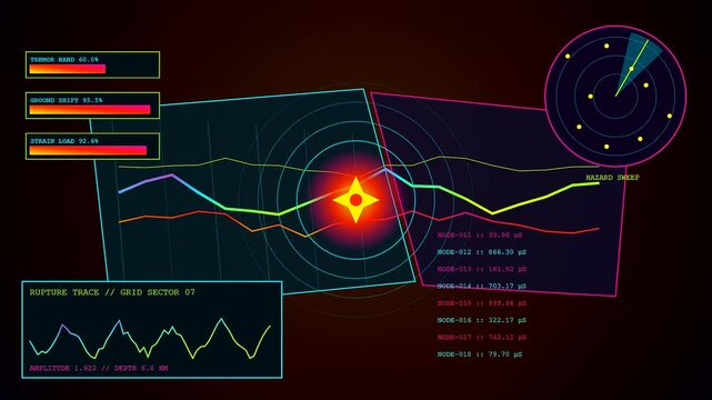 Digital catastrophe mapping displays show shifting seismic data waves on a glowing computer monitor interface that represents changing geological activity levels within a dark room environment