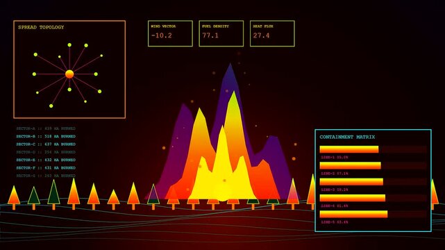 Digital catastrophe mapping displays showing forest fire progression patterns with shifting wind vectors and burning sector metrics in a dark virtual interface for hazard situation assessment