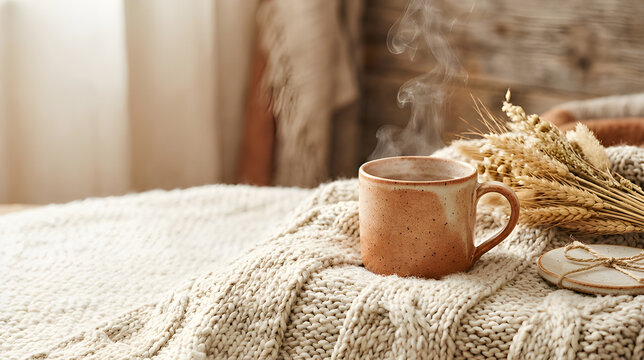 Steaming hot mug of coffee on knitted blanket with dried wheat stalks on cozy autumn morning
