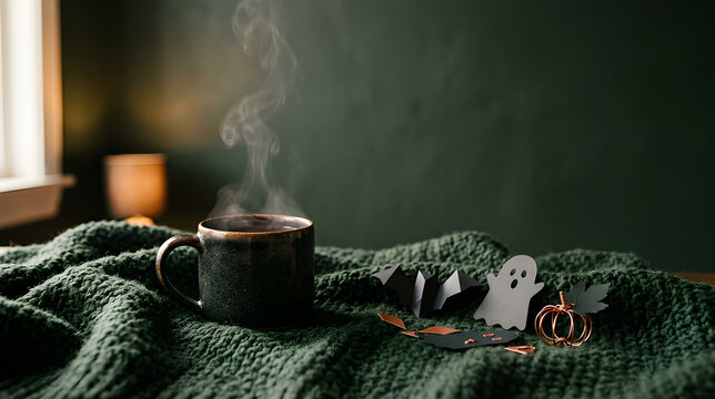 Halloween hot drink mug on green knitted blanket with paper ghost paper bats and mini pumpkin crafts