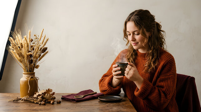 Smiling young woman in warm sweater enjoying hot steaming drink at wooden table in autumn