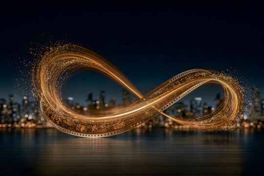 Golden ribbon of light flowing from a film reel, but now stretching across an entire dark city .