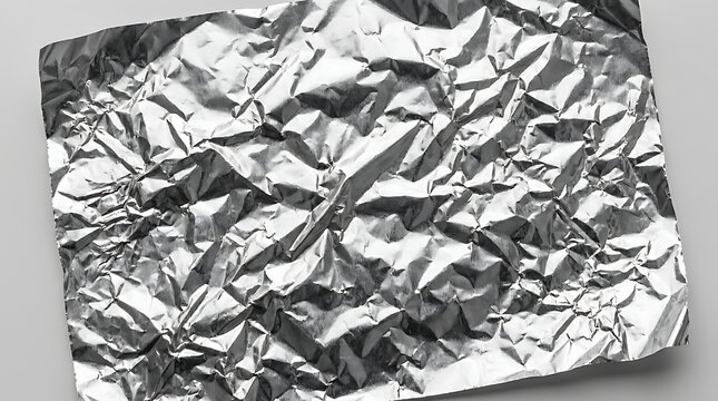Crumpled aluminum foil texture background with metallic silver surface, creased shiny metal sheet for industrial design and modern abstract graphic backdrop