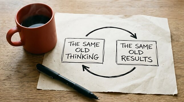 Same Old Thinking Same Old Results Concept Drawing with Coffee Cup and Pen on Wooden Table