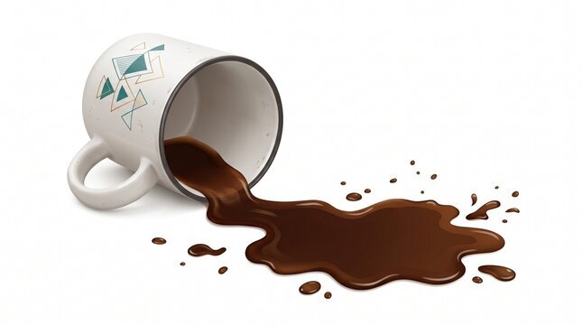 Spilled dark coffee puddle from a tipped white ceramic mug with geometric pattern on a clean white background