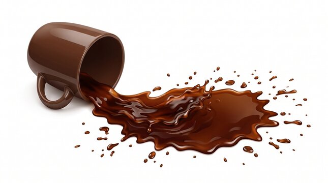 Brown coffee spilled from an overturned mug, creating a liquid splash on a white background, a moment captured in time