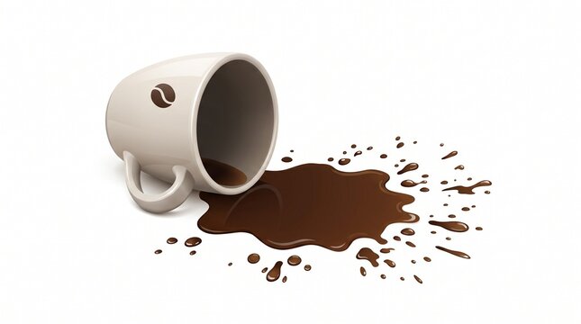 Vector illustration of a spilled white ceramic coffee cup tipped over with a dark brown liquid splash isolated on white background