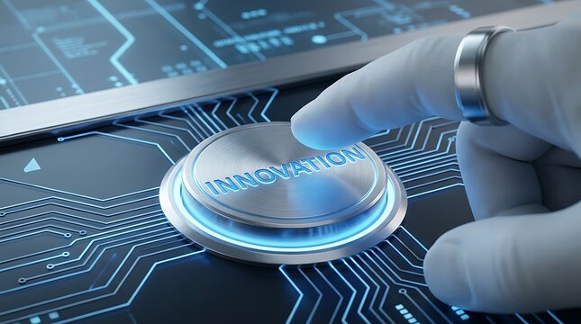 Innovation button pressed by a hand on a digital circuit board background, 3D rendered technology concept for business growth and development