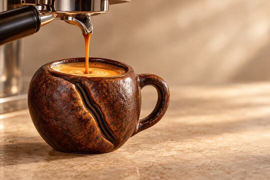 Espresso Pouring Into a Coffee Bean Shaped Cup with Copy Space