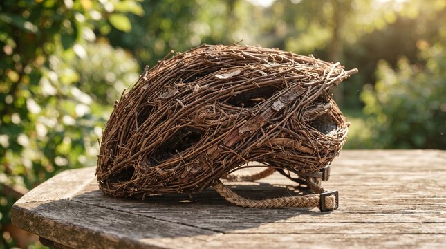 A bicycle safety helmet woven seamlessly from thick bird nest twigs representing the natural protective instinct of outdoor travel.