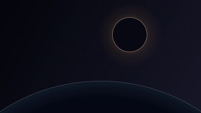 Minimalist solar eclipse vector illustration with glowing copper corona ring over dark planet curve in deep space