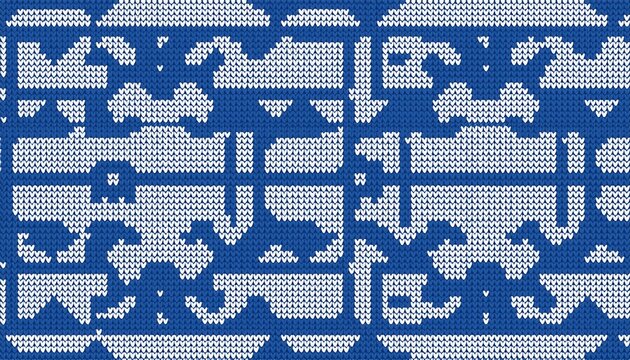 seamless geometric knitting pattern with blue and white maze grid