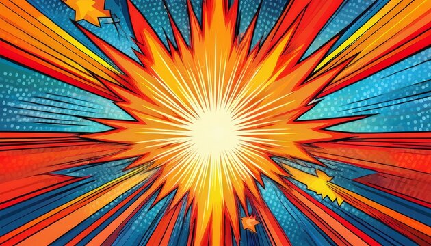 comic book pop art background with radial zoom lines and lightning