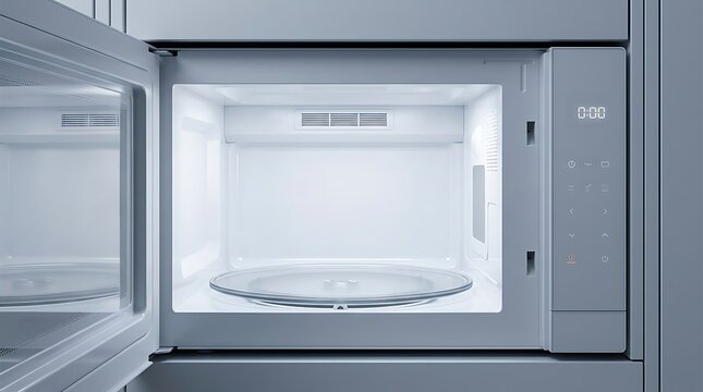 Modern Microwave Oven Interior with Open Door and Digital Touch Control Panel in Contemporary Kitchen Setting