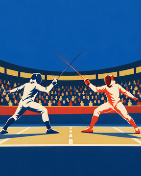 Two fencing athletes dueling in a sports stadium