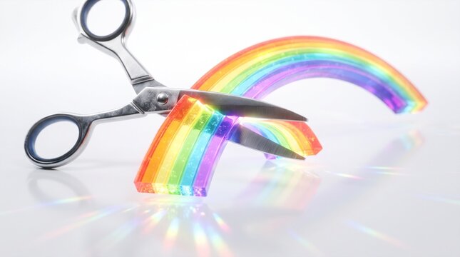 A pair of sharp metal scissors cutting through a solid rainbow ribbon representing the sudden emotional transition of mental boundaries.
