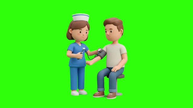 Cute 3D animated female nurse measuring the blood pressure of a male patient using a manual tonometer over a chroma key green background. Ideal for healthcare promos, hypertension checkup ads, clinica