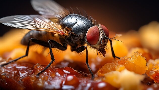 an ultra macro and sharp image of housefly eating left over food
