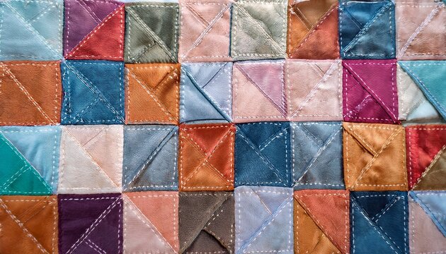a handcrafted patchwork quilt fabric texture background in multicolor pastels the detailed stitched squares create a warm vintage aesthetic perfect for cozy home decor and nostalgic fashion