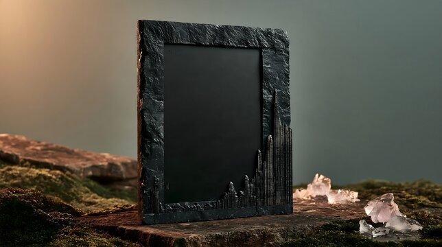 Dark slate stone display frame with blank panel on mossy rock, rugged natural mockup for gallery wall, product showcase, interior styling and social template