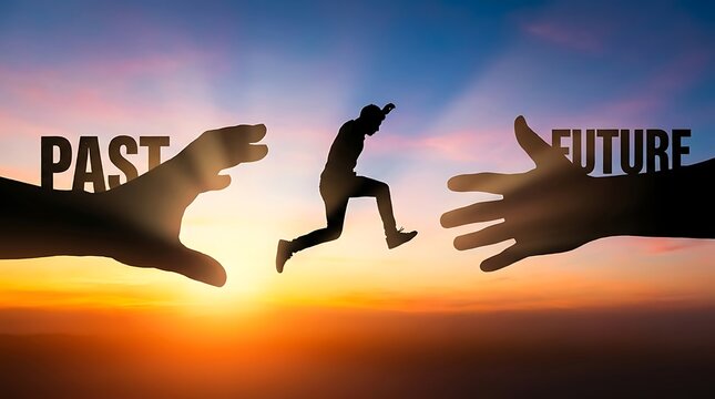 Person jumping between giant hands representing past and future transition in a conceptual sunset sky background