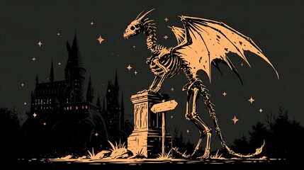 Fototapeta premium Skeletal Dragon with Horns and Bat Wings Beside Stone Pedestal, Gothic Castle Silhouette, Starry Sky, Ink Style Dark Fantasy Art for Halloween Poster and Card