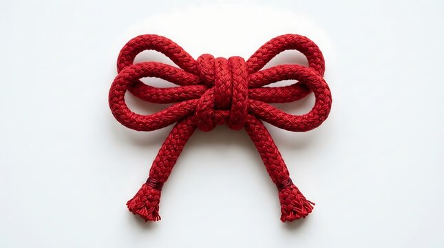 Red Rope Bow Knot Isolated on White Background, Decorative Textile Cord Accessory for Gift Wrapping and Craft Projects