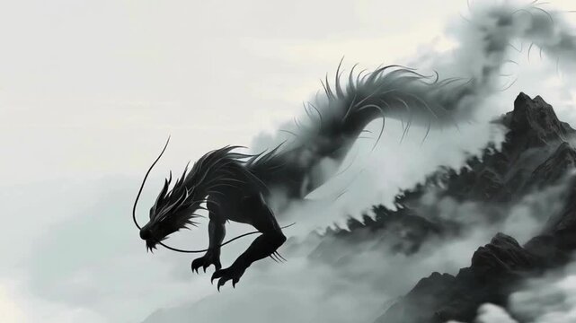A mysterious black dragon soaring above a mist-shrouded mountain range, set against a fantasy background in the style of an ink wash painting 