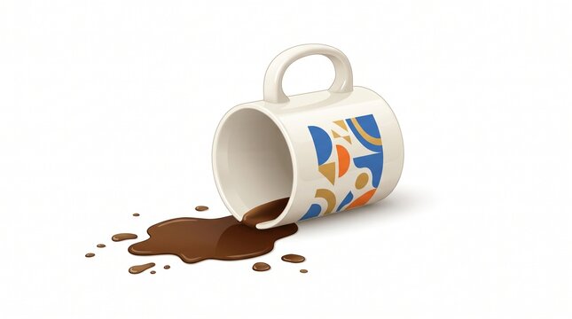Spilled Hot Coffee Mug with Geometric Pattern Design Isolated on White Background Representing Morning Mishap and Liquid Mess