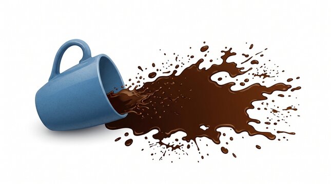 Spilled Coffee from a Blue Ceramic Mug on White Background - Abstract Concept of Accident and Mess