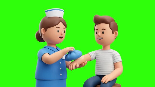 A 3D animated nurse applying a cold ice pack compress to a man's injured arm on a chroma key green background. Perfect for first aid tutorials, injury treatment promos, medical rehabilitation clips, a