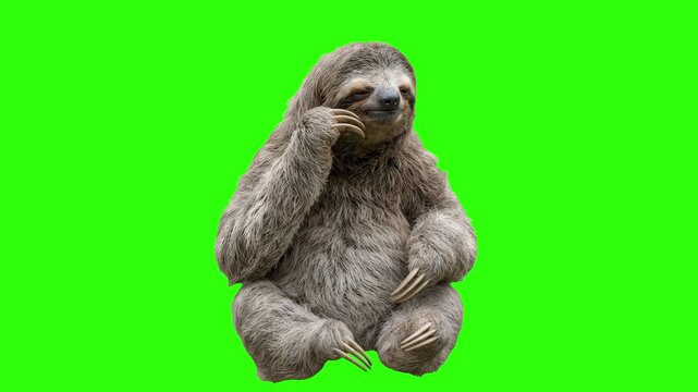 Real three-toed sloth sitting and scratching its face with claws on a chroma key green background. Perfect for funny lazy reactions, tropical rainforest wildlife videos, relaxed lifestyle concepts, na