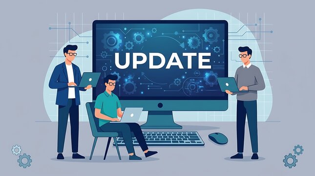 Software Update Concept with Team Working on Laptops, Digital Technology Illustration, Professional IT Development Team Collaborating on System Maintenance