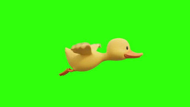 A cute 3D animated yellow duckling flying forward in side view on a chroma key green background. Excellent for kids entertainment, farm animal promos, bath toy ads, mobile game animations, and keyable