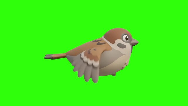 A cute 3D animated sparrow bird gliding and flapping its wings on a chroma key green background. Ideal for kids animations, nature storybooks, mobile game assets, spring theme promos, and keyable visu