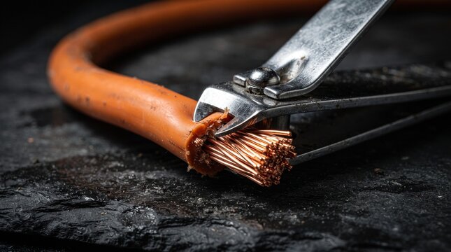 A stainless steel nail clipper cutting through a thick copper electrical wire representing the bizarre intersection of human hygiene and industrial engineering.