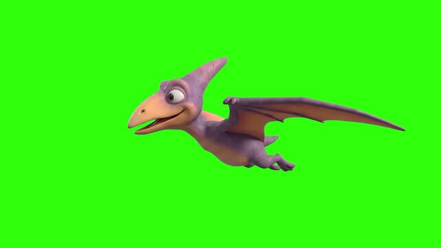 A cute 3D animated purple pterodactyl dinosaur flying with open wings on a chroma key green background. Great for prehistoric kids content, dinosaur games, educational history videos, animated promos,
