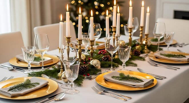 Elegant christmas dinner table setting with gold plates and tall taper candles