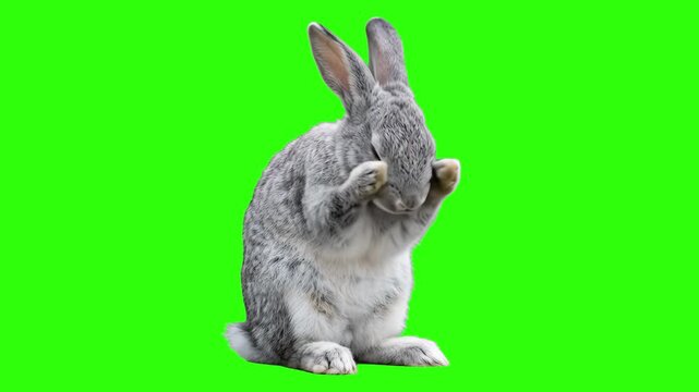 Real cute grey rabbit sitting and washing its face with paws on a chroma key green background. Ideal for easter commercials, farm animal footage, pet care promotions, nature documentaries, and keyable