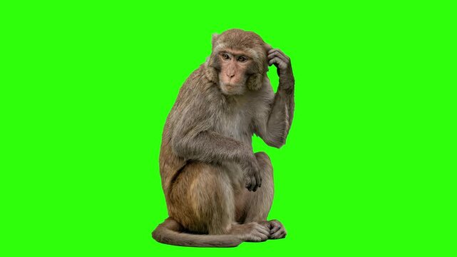 A cute monkey sitting and scratching its head thoughtfully on a chroma key green background. Suitable for thinking concepts, confusion, funny animal clips, nature documentaries, and video graphic over
