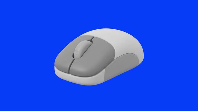 A 3D animated white and grey computer mouse isolated on a blue chroma key background. Ideal for technology promos, office work graphics, online shopping concepts, click animations, and software tutori