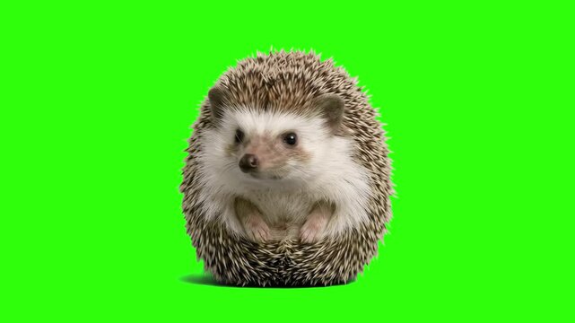 A cute little hedgehog sitting and looking directly at the camera on a chroma key green background. Great for wildlife videos, nature educational content, pet promos, and animal compositing overlays.