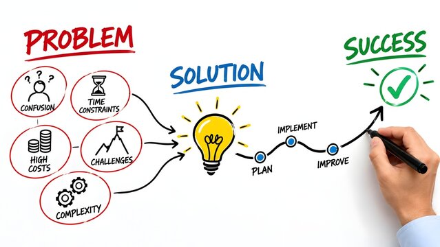 Business strategy flow chart showing problem identification solution development with a lightbulb idea and path to success with implementation and improvement steps.