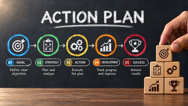 Action plan diagram with five steps goal strategy action development and success illustrated with icons and text on a chalkboard with wooden blocks showing icons.