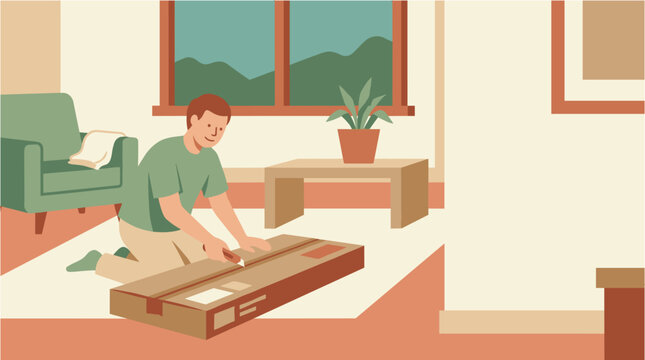 Man kneeling on floor opening a flat packed furniture box, diy