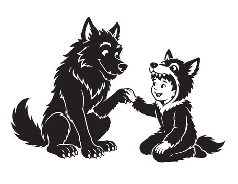 Cute child in a wolf costume shaking hands with a friendly black wolf silhouette vector art
