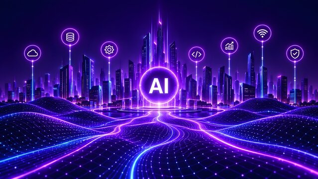 Futuristic cityscape with glowing AI sphere at center connected by digital network lines and holographic icons representing data cloud code growth wifi and security.
